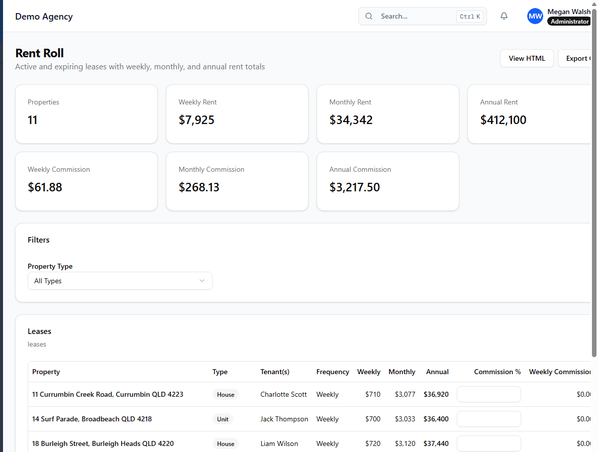 Letaro live rent roll screenshot